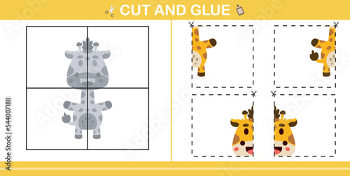 cartoon cute giraffe.education paper game for kindergarten and preschool.cut and glue game