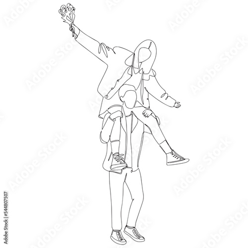 A continuous drawing in one line of a happy funny young couple. A romantic couple of teenagers on a walk. A young man and a woman in love.