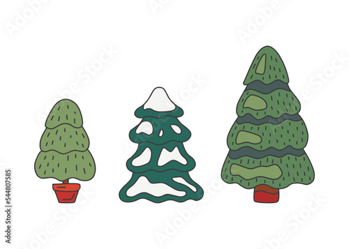 Christmas pine tree set, doodle style. Sketch tree fir green color. Vector illustration