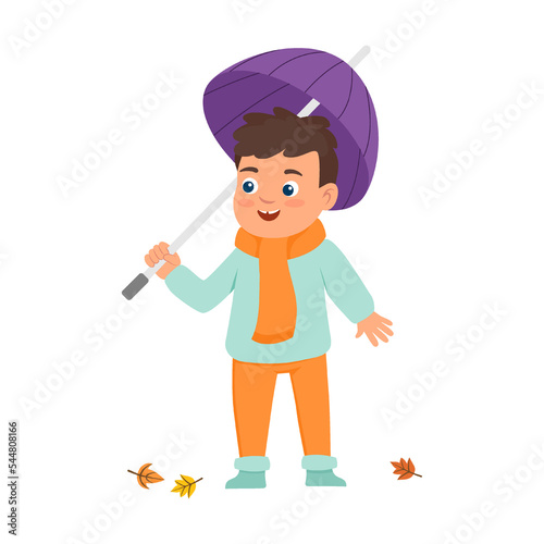 Cute cartoon children with an umbrella in autumn flat vector illustration. Little kid in warm clothes isolated on white background