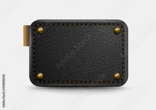 Black leather label with brown stitching and gold pins. Realistic eps file.
