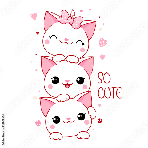 Square card with cute kittens. Three little white cats and pink hearts. Inscription So cute. Can be used for greeting card, t-shirt print, stickers. Vector illustration EPS8