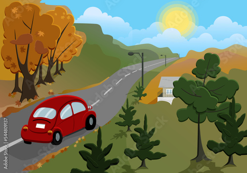 Autumn trip from the city. Landscape with an oldfashion red car on the road. Vector illustration in flat style