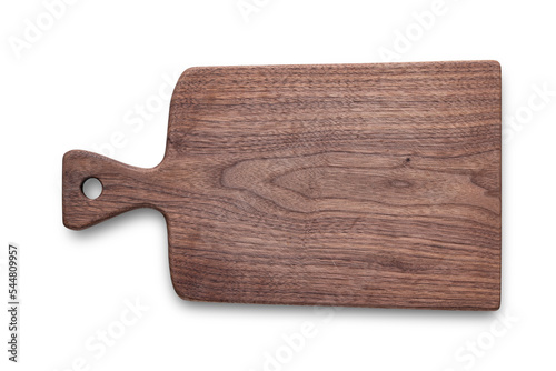 Handmade walnut wood chopping board with knife score on white background