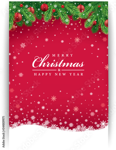 Merry Christmas greeting card on red background with traditional decorations	