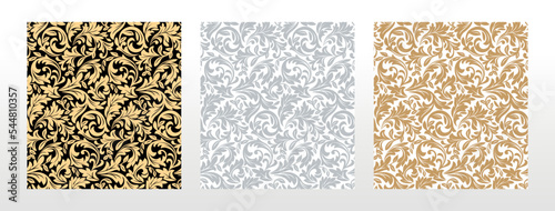 Wallpapers in the style of Baroque. Seamless vector backgrounds. Set of colored floral ornaments. Graphic patterns for fabric, wallpaper, packaging. Ornate Damask flower ornaments