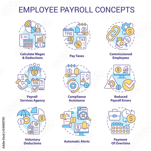 Employee payroll concept icons set. Worker salary for job. Compensation idea thin line color illustrations. Isolated symbols. Editable stroke. Roboto-Medium, Myriad Pro-Bold fonts used