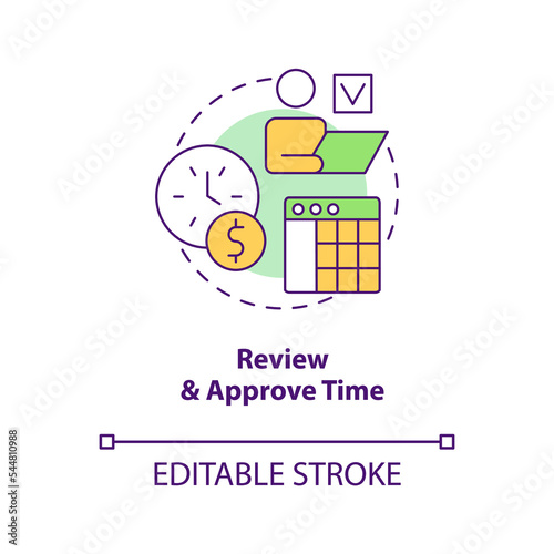 Review and approve time concept icon. Workforce control. Payroll processing step abstract idea thin line illustration. Isolated outline drawing. Editable stroke. Arial, Myriad Pro-Bold fonts used