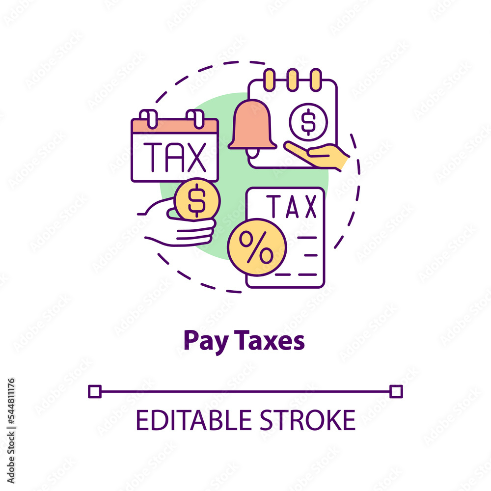 Pay taxes concept icon. Quarter end payments. Payroll processing step abstract idea thin line illustration. Isolated outline drawing. Editable stroke. Arial, Myriad Pro-Bold fonts used Pay taxes concept icon. Quarter end payments. Payroll processing step abstract idea thin line illustration. Isolated outline drawing. Editable stroke. Arial, Myriad Pro-Bold fonts used