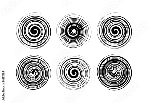 Set of circles element, twisted swirl silhouette on white background