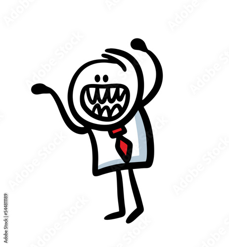 A scary boss with a toothy grin raised his hands above his subordinates and threatens them.
