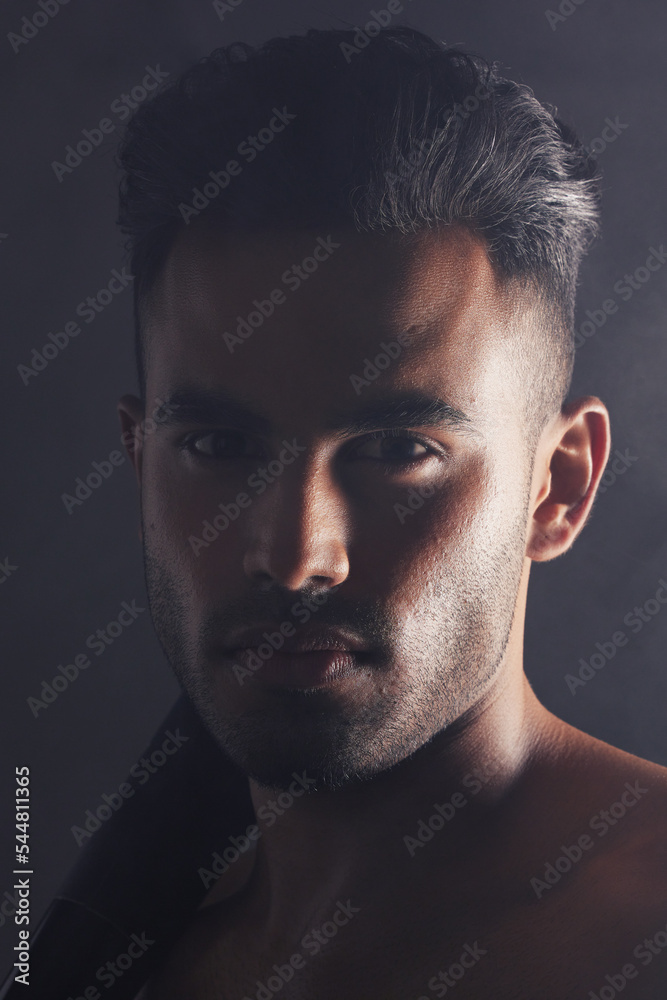 Man, face and dark studio with baseball bat for marketing and advertising portrait mockup. Indian model headshot, health lifestyle and mindset wellness motivation against black background with smoke