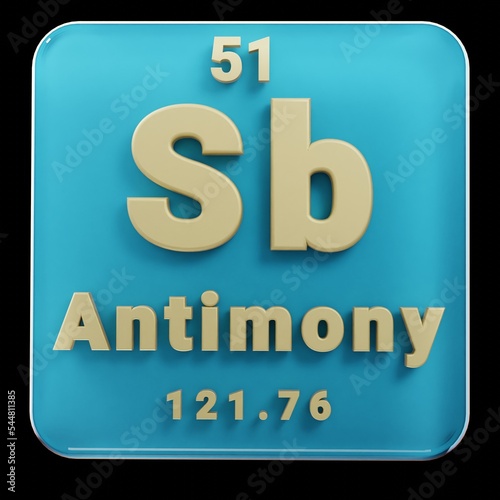 Beautiful abstract illustrations Standing black and red Antimony  element of the periodic table. Modern design with golden elements, 3d rendering illustration. Blue gray background. photo