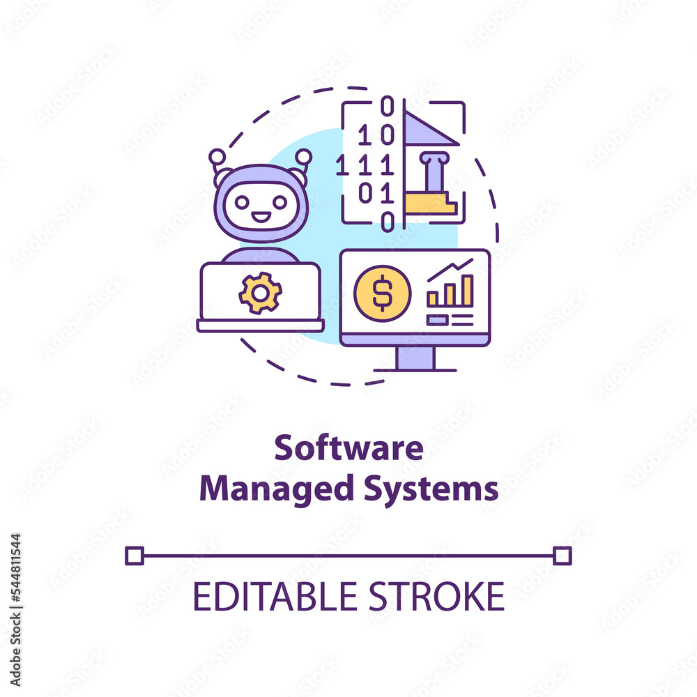 Software managed systems concept icon. Payrolls processing automation abstract idea thin line illustration. Isolated outline drawing. Editable stroke. Arial, Myriad Pro-Bold fonts used Software managed systems concept icon. Payrolls processing automation abstract idea thin line illustration. Isolated outline drawing. Editable stroke. Arial, Myriad Pro-Bold fonts used