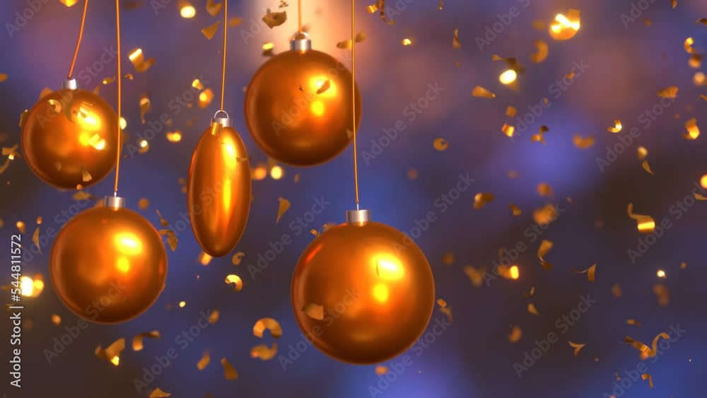 New Year or Christmas celebration video, happy holidays congratulation animation card. Christmas balls with golden confetti falling on background New Year or Christmas celebration video, happy holidays congratulation animation card. Christmas balls with golden confetti falling on background