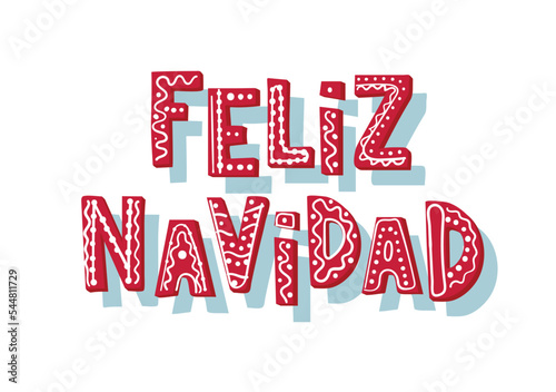 Merry Christmas wish in Spanish, red letters with gingerbread decor. Vector text for new year design isolated on white background. photo
