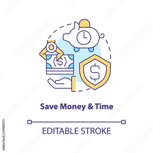 Save money and time concept icon. Payroll processing software benefit abstract idea thin line illustration. Isolated outline drawing. Editable stroke. Arial, Myriad Pro-Bold fonts used