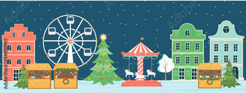 Christmas fair horizontal vector banner. Winter night cityscape with buildings, kiosks, ferris wheel, merry-go-round, Christmas fir trees. Christmas time. Market in the square. Vector illustration.