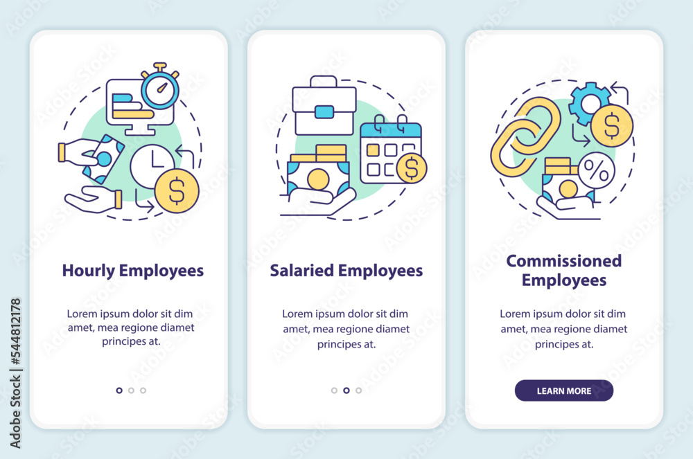 Payroll processing methods onboarding mobile app screen. Wage walkthrough 3 steps editable graphic instructions with linear concepts. UI, UX, GUI template. Myriad Pro-Bold, Regular fonts used