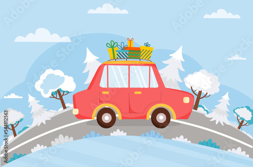 Red car with Christmas gifts is driving on the road. Winter background with auto, road, trees, fir trees. Christmas, New Year, winter holiday. Vector illustration in flat stylle.