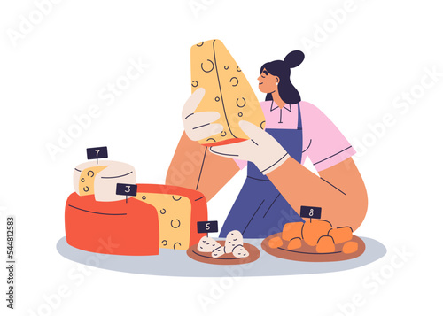 Cheesemonger tasting gourmet cheese, smelling delicatessen. Woman foodie during degustation of different sorts, cheddar, maasdam, brie on boards. Flat vector illustration isolated on white background photo