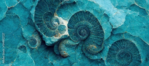 Elaborate and unique calcified aquamarine blue ammonite sea shell spirals embedded into rock. Prehistoric fossilized detailed rough grunge texture and surface patterns.