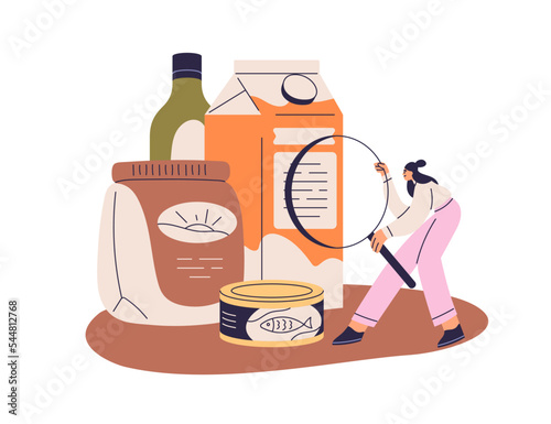 Consumer reading food composition, studying information on product labels. Choosing healthy grocery goods. Smart shopping concept. Flat graphic vector illustration isolated on white background