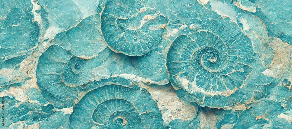 Elaborate and unique calcified aquamarine blue ammonite sea shell spirals embedded into rock. Prehistoric fossilized detailed rough grunge texture and surface patterns. - obrazy, fototapety, plakaty 