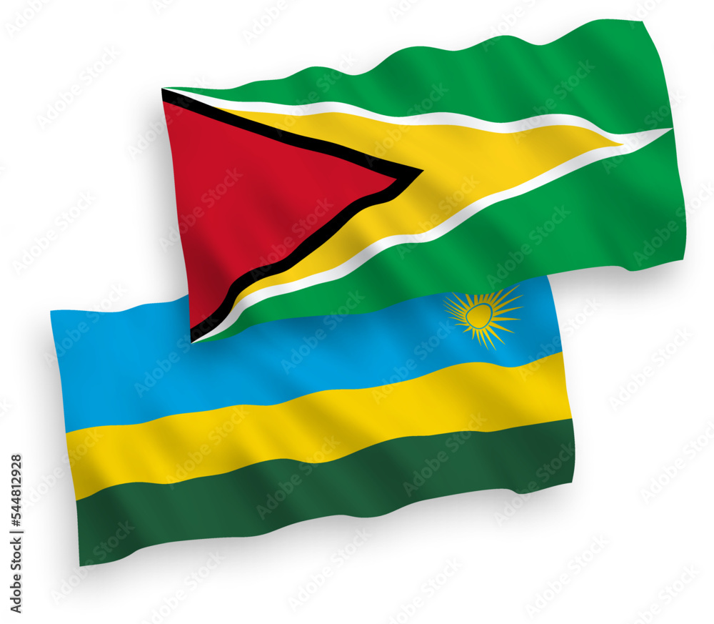 Flags of Republic of Rwanda and Co-operative Republic of Guyana on a white background Flags of Republic of Rwanda and Co-operative Republic of Guyana on a white background