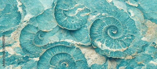 Fotografiet Elaborate and unique calcified aquamarine blue ammonite sea shell spirals embedded into rock