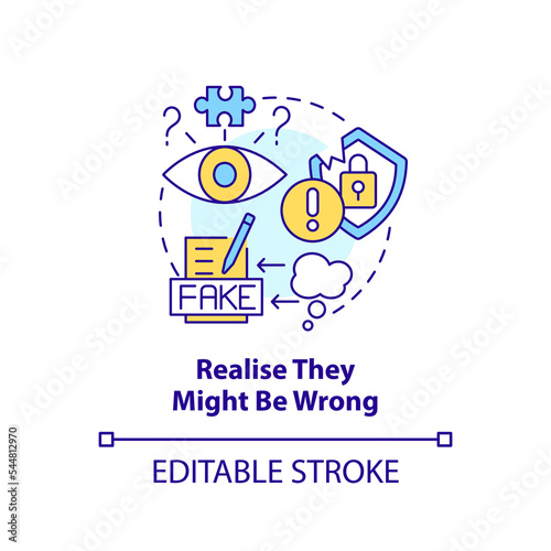 Fake news concept icon. Realize information might be wrong. Prevent media overload abstract idea thin line illustration. Isolated outline drawing. Editable stroke. Arial, Myriad Pro-Bold fonts used