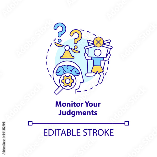 Monitor your judgments concept icon. Information consumption. Prevent news overload abstract idea thin line illustration. Isolated outline drawing. Editable stroke. Arial, Myriad Pro-Bold fonts used