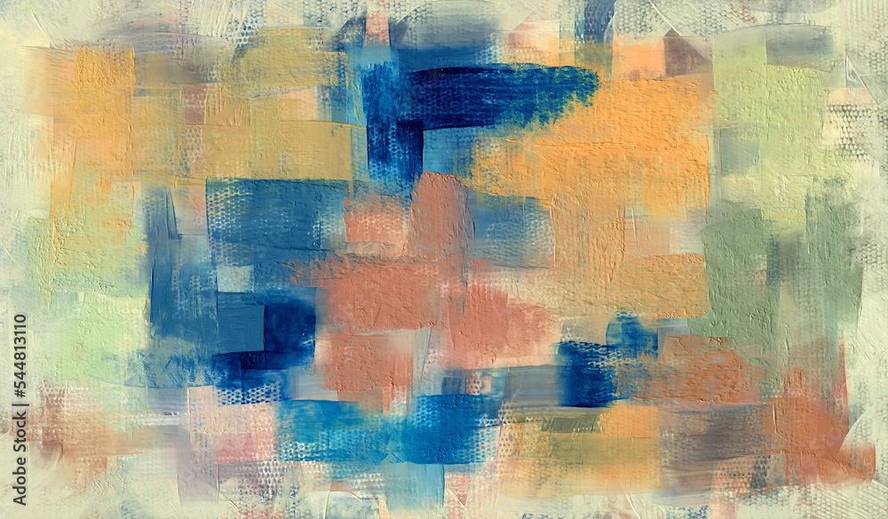 Blue denim and orange abstract paint strokes, oil painting on canvas, muted wallpaper, painted artwork