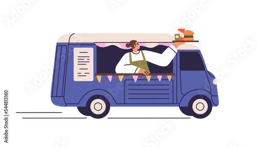 Food truck with street food. Vendor selling meals, drinks in foodtruck, van. Cafe on wheels in retro car. Fastfood in trailer, small business. Flat vector illustration isolated on white background photo