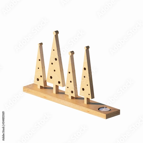 3D RENDERING OF PLYWOOD CHRISTMAS TREE SHAPE BOARD AND CANDLE ISOLATED ON WHITE PLAIN BACKGROUND