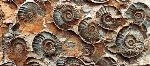 Elaborate and unique calcified aquamarine blue ammonite sea shell spirals embedded into rock. Prehistoric fossilized detailed rough grunge texture and surface patterns.