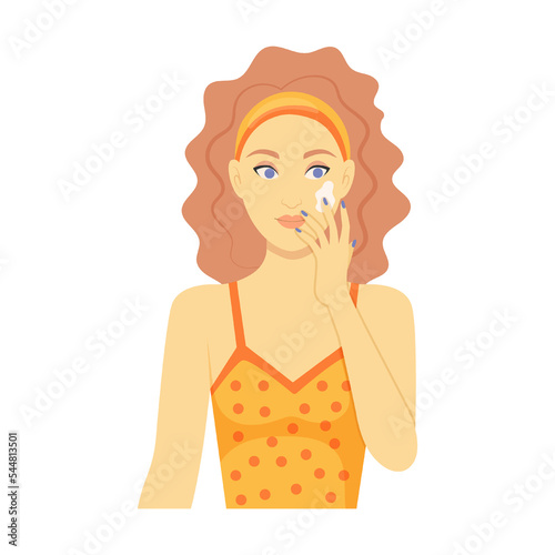 Cartoon girl redhead with long hair doing skincare routine vector illustration. Female character using natural products against acne on face, anti wrinkle cosmetic