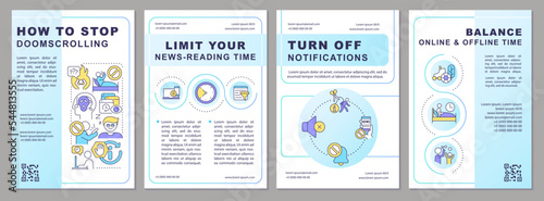 How to stop doomsurfing brochure template. Information explosion. Leaflet design with linear icons. Editable 4 vector layouts for presentation, annual reports. Arial, Myriad Pro-Regular fonts used