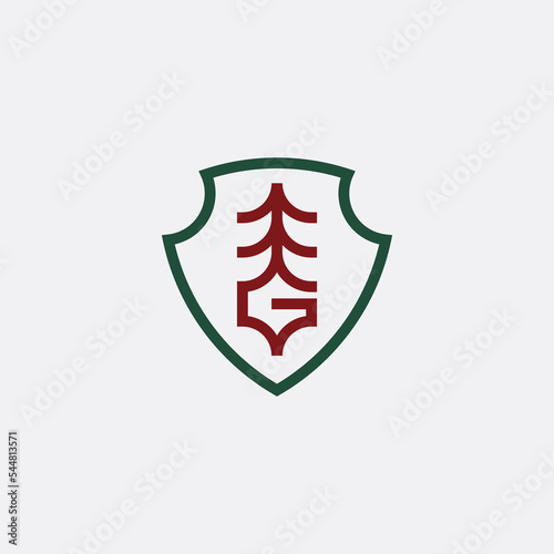letter G and pine tree logo. initial alphabet G logo. g shield logo
