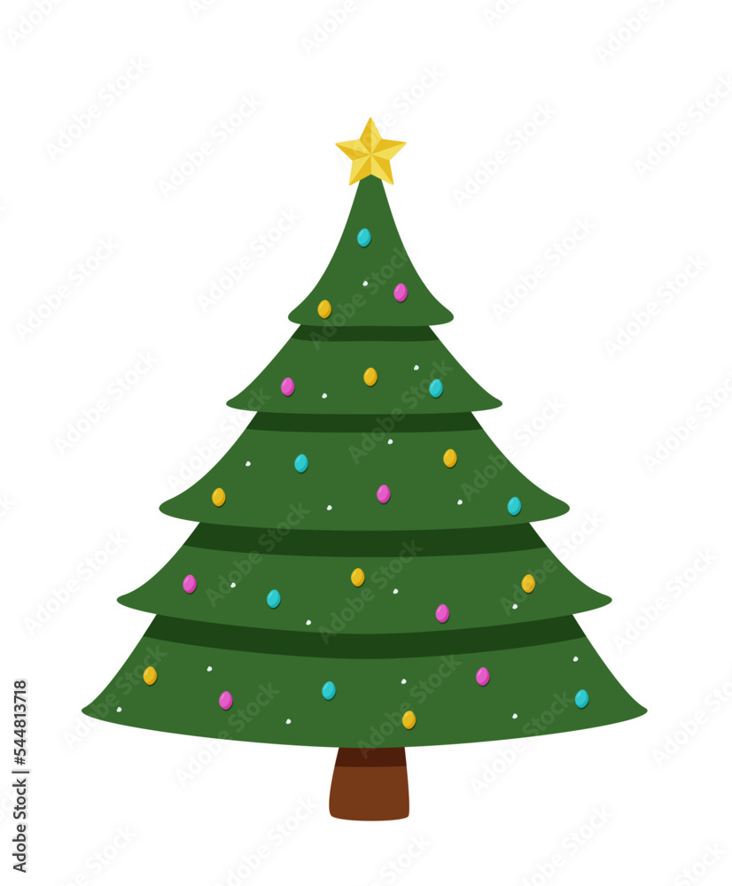 Christmas tree is traditionally decorated with toys and garlands. Vector illustration symbol of Christmas and New year.