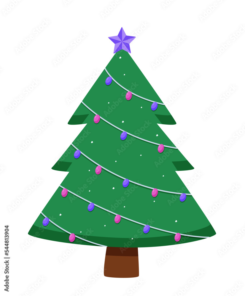 Christmas tree is traditionally decorated with toys and garlands. Vector illustration symbol of Christmas and New year.