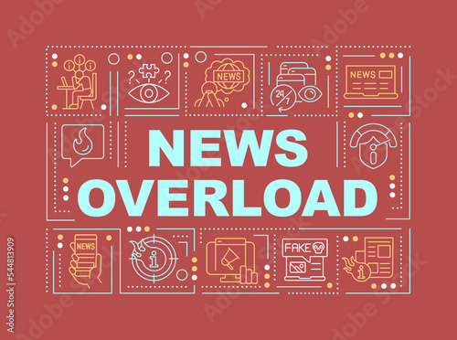 News overload word concepts red banner. Infoxication issue. Infographics with editable icons on color background. Isolated typography. Vector illustration with text. Arial-Black font used