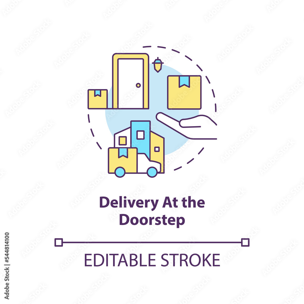 Delivery at doorstep concept icon. Address shipping. Courier services. Receive parcel abstract idea thin line illustration. Isolated outline drawing. Editable stroke. Arial, Myriad Pro-Bold fonts used
