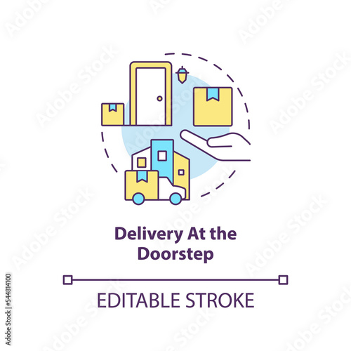 Delivery at doorstep concept icon. Address shipping. Courier services. Receive parcel abstract idea thin line illustration. Isolated outline drawing. Editable stroke. Arial, Myriad Pro-Bold fonts used