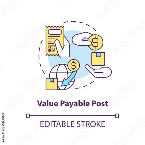 Value payable post concept icon. Pay after receiving. Postal services option abstract idea thin line illustration. Isolated outline drawing. Editable stroke. Arial, Myriad Pro-Bold fonts used