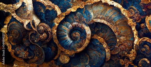 Elaborate and unique calcified aquamarine blue ammonite sea shell spirals embedded into rock. Prehistoric fossilized detailed rough grunge texture and surface patterns. © SoulMyst