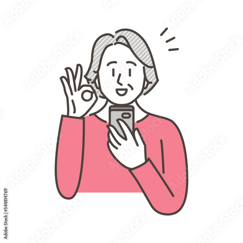 Vector illustration of an elderly woman smiling and signing OK, happy to see her phone.