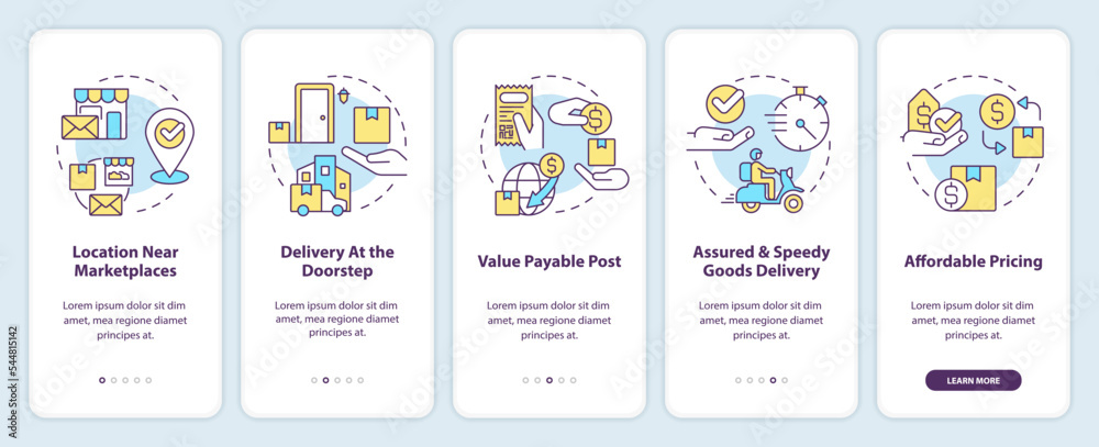 Postal service advantages onboarding mobile app screen. Delivery pros walkthrough 5 steps editable graphic instructions with linear concepts. UI, UX, GUI template. Myriad Pro-Bold, Regular fonts used
