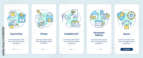 Using post office boxes benefits onboarding mobile app screen. Mailbox walkthrough 5 steps editable graphic instructions with linear concepts. UI, UX, GUI template. Myriad Pro-Bold, Regular fonts used