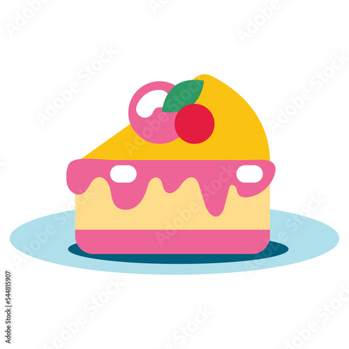 A piece of sweet cake with cream. Festive cake with berries. Vector dessert